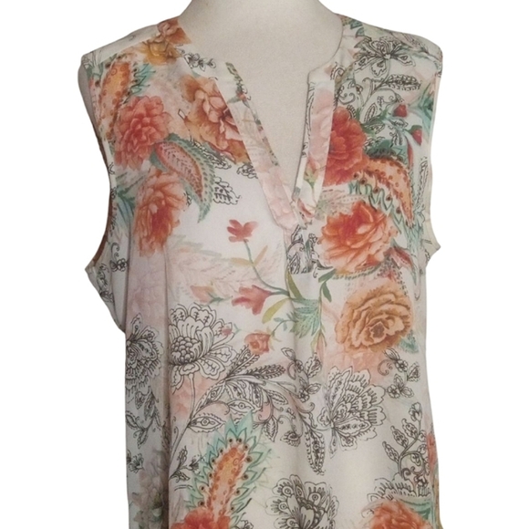 Anthropologie Sioni Sleeveless Floral Butterfly Print Split V Neck Blouse Large - Picture 2 of 8